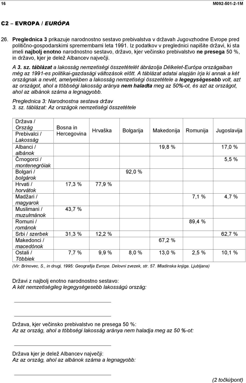 táblázat a lakosság nemzetiségi összetételét ábrázolja Délkelet-Európa országaiban még az 1991-es politikai-gazdasági változások előtt.