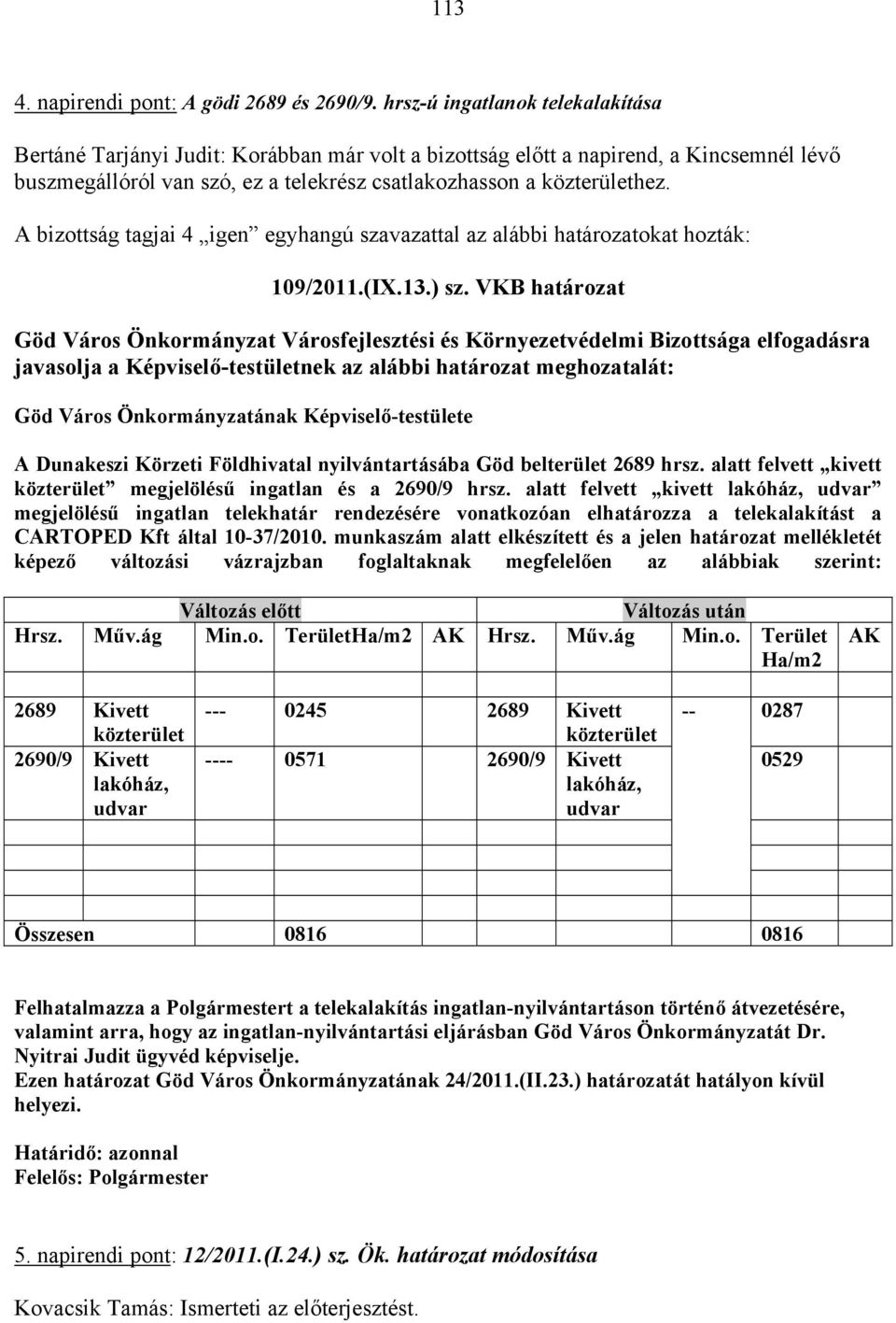 A bizottság tagjai 4 igen egyhangú szavazattal az alábbi határozatokat hozták: 109/2011.(IX.13.) sz.