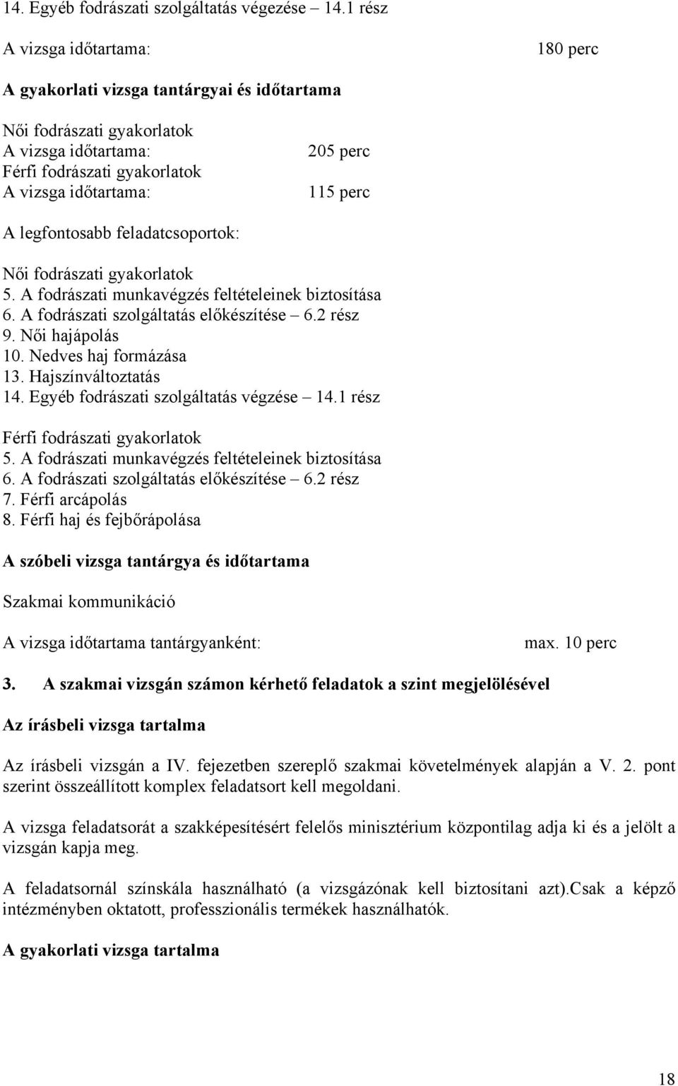 legfontosabb feladatcsoportok: Női fodrászati gyakorlatok 5. A fodrászati munkavégzés feltételeinek biztosítása 6. A fodrászati szolgáltatás előkészítése 6.2 rész 9. Női hajápolás 10.