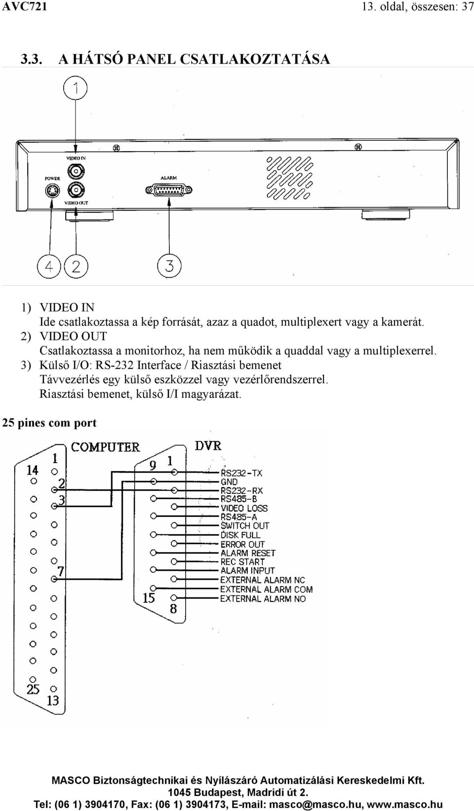 3.3. A HÁTSÓ PANEL CSATLAKOZTATÁSA 1) VIDEO IN Ide csatlakoztassa a kép forrását, azaz a quadot,