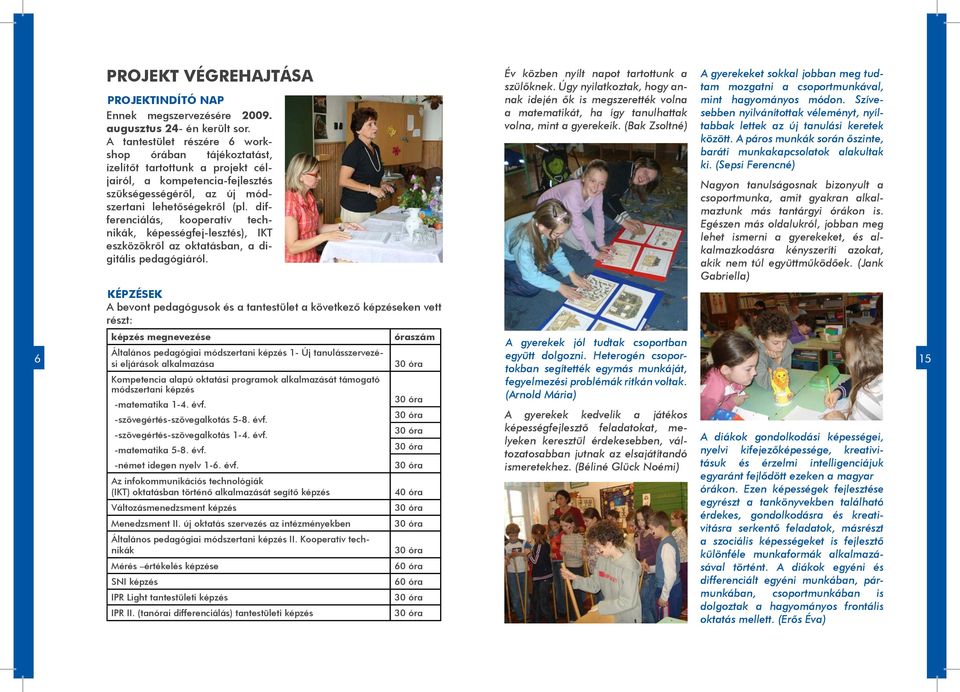 differenciálás, kooperatív technikák, képességfej-lesztés), IKT eszközökről az oktatásban, a digitális pedagógiáról. Év közben nyílt napot tartottunk a szülőknek.