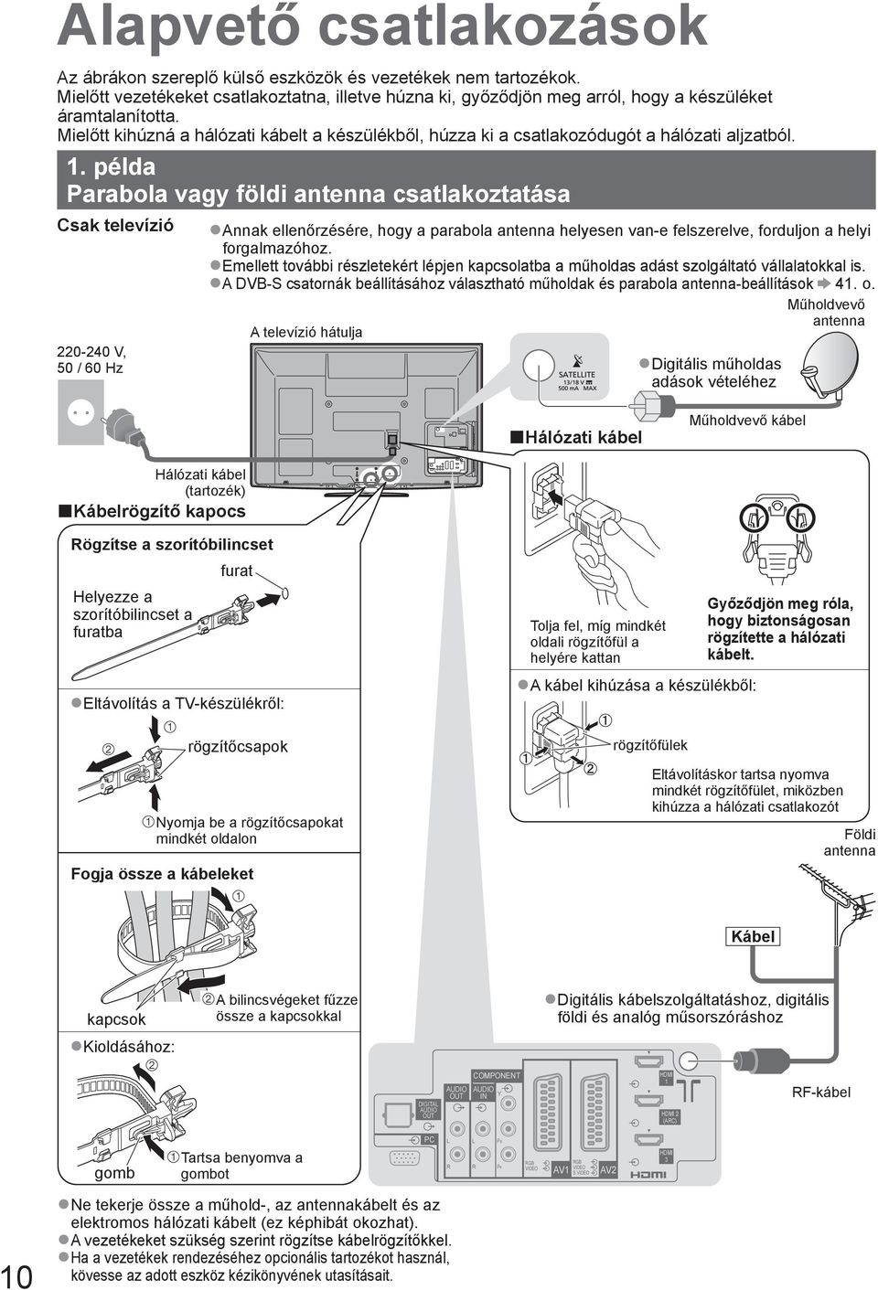 példa Parabola vagy földi antenna csatlakoztatása Csak televízió 220-240 V, 50 / 60 Hz Annak ellenőrzésére, hogy a parabola antenna helyesen van-e felszerelve, forduljon a helyi forgalmazóhoz.