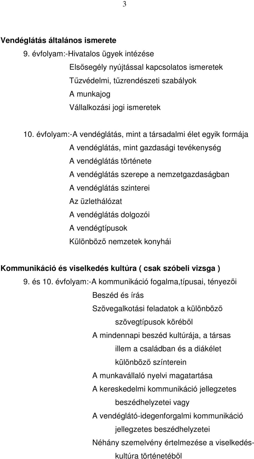 üzlethálózat A vendéglátás dolgozói A vendégtípusok Különböző nemzetek konyhái Kommunikáció és viselkedés kultúra ( csak szóbeli vizsga ) 9. és 10.