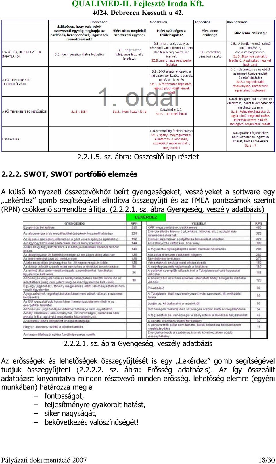 (RPN) csökkenő sorrendbe állítja. (2.2.2.1. sz. ábra Gyengeség, veszély adatbázis) 2.2.2.1. sz. ábra Gyengeség, veszély adatbázis Az erősségek és lehetőségek összegyűjtését is egy Lekérdez gomb segítségével tudjuk összegyűjteni (2.