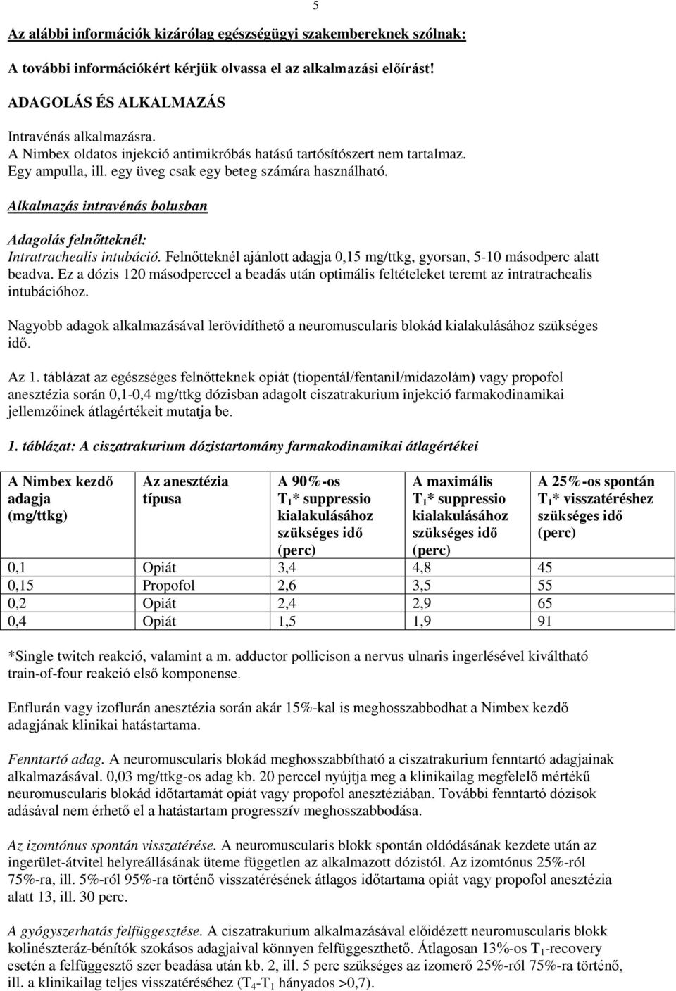 Alkalmazás intravénás bolusban Adagolás felnőtteknél: Intratrachealis intubáció. Felnőtteknél ajánlott adagja 0,15 mg/ttkg, gyorsan, 5-10 másodperc alatt beadva.