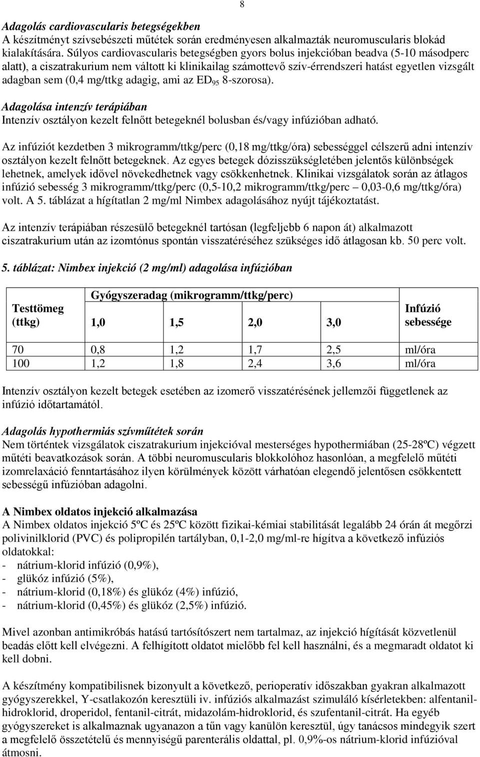 (0,4 mg/ttkg adagig, ami az ED 95 8-szorosa). Adagolása intenzív terápiában Intenzív osztályon kezelt felnőtt betegeknél bolusban és/vagy infúzióban adható.