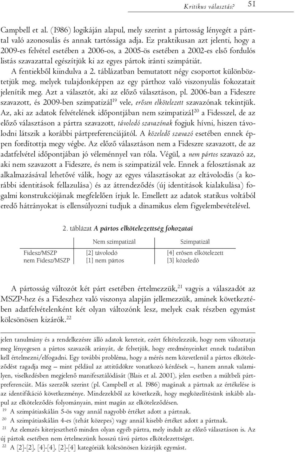 A fentiekből kiindulva a 2. táblázatban bemutatott négy csoportot különböztetjük meg, melyek tulajdonképpen az egy párthoz való viszonyulás fokozatait jelenítik meg.