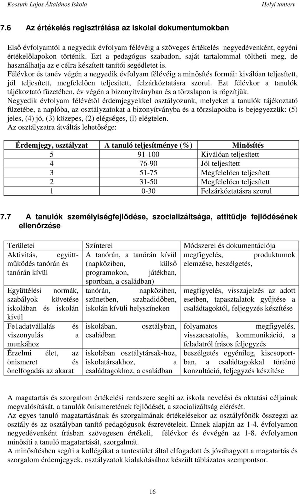 Félévkor és tanév végén a negyedik évfolyam félévéig a minősítés formái: kiválóan teljesített, jól teljesített, megfelelően teljesített, felzárkóztatásra szorul.