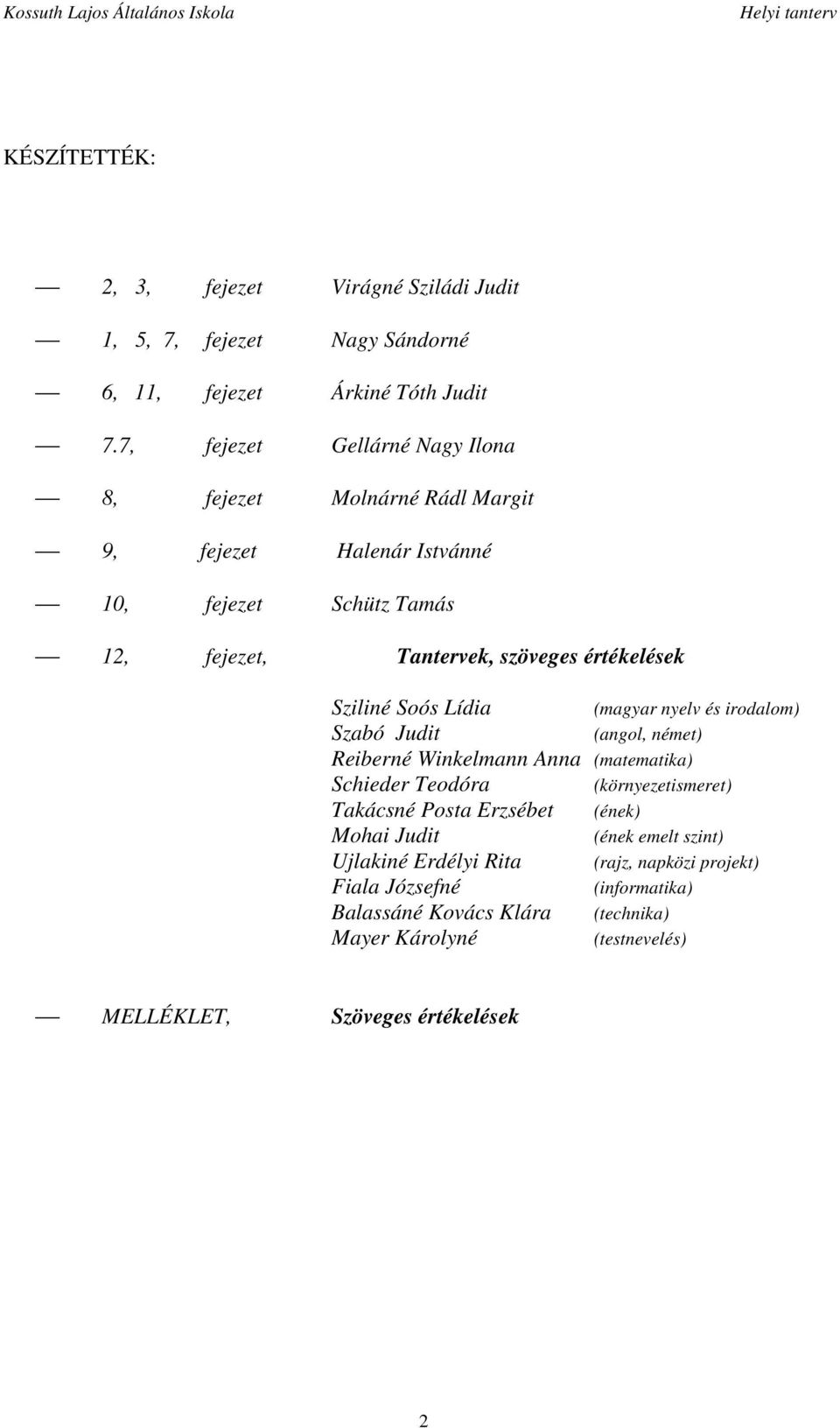 Sziliné Soós Lídia Szabó Judit Reiberné Winkelmann Anna (matematika) Schieder Teod Takácsné Posta Erzsébet (ének) Mohai Judit Ujlakiné Erdélyi Rita Fiala Józsefné