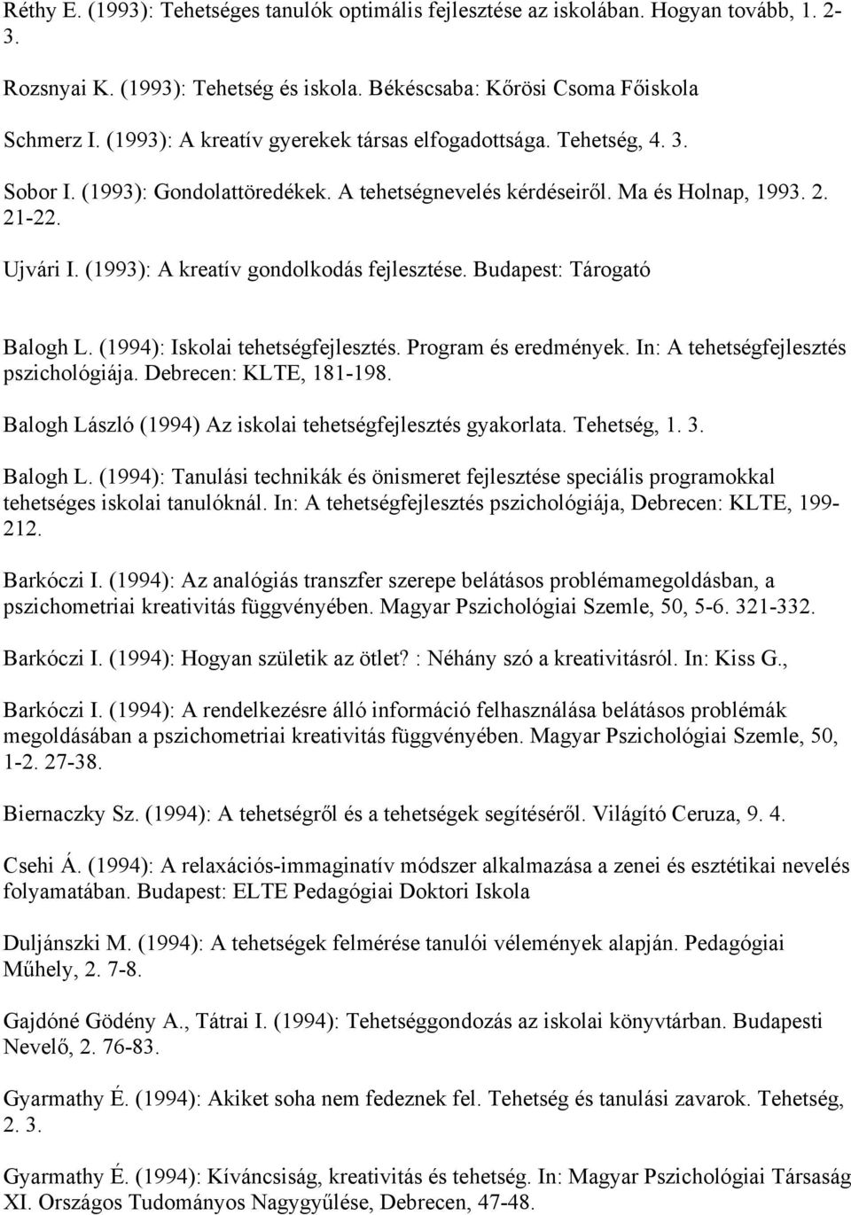 (1993): A kreatív gondolkodás fejlesztése. Budapest: Tárogató Balogh L. (1994): Iskolai tehetségfejlesztés. Program és eredmények. In: A tehetségfejlesztés pszichológiája. Debrecen: KLTE, 181-198.