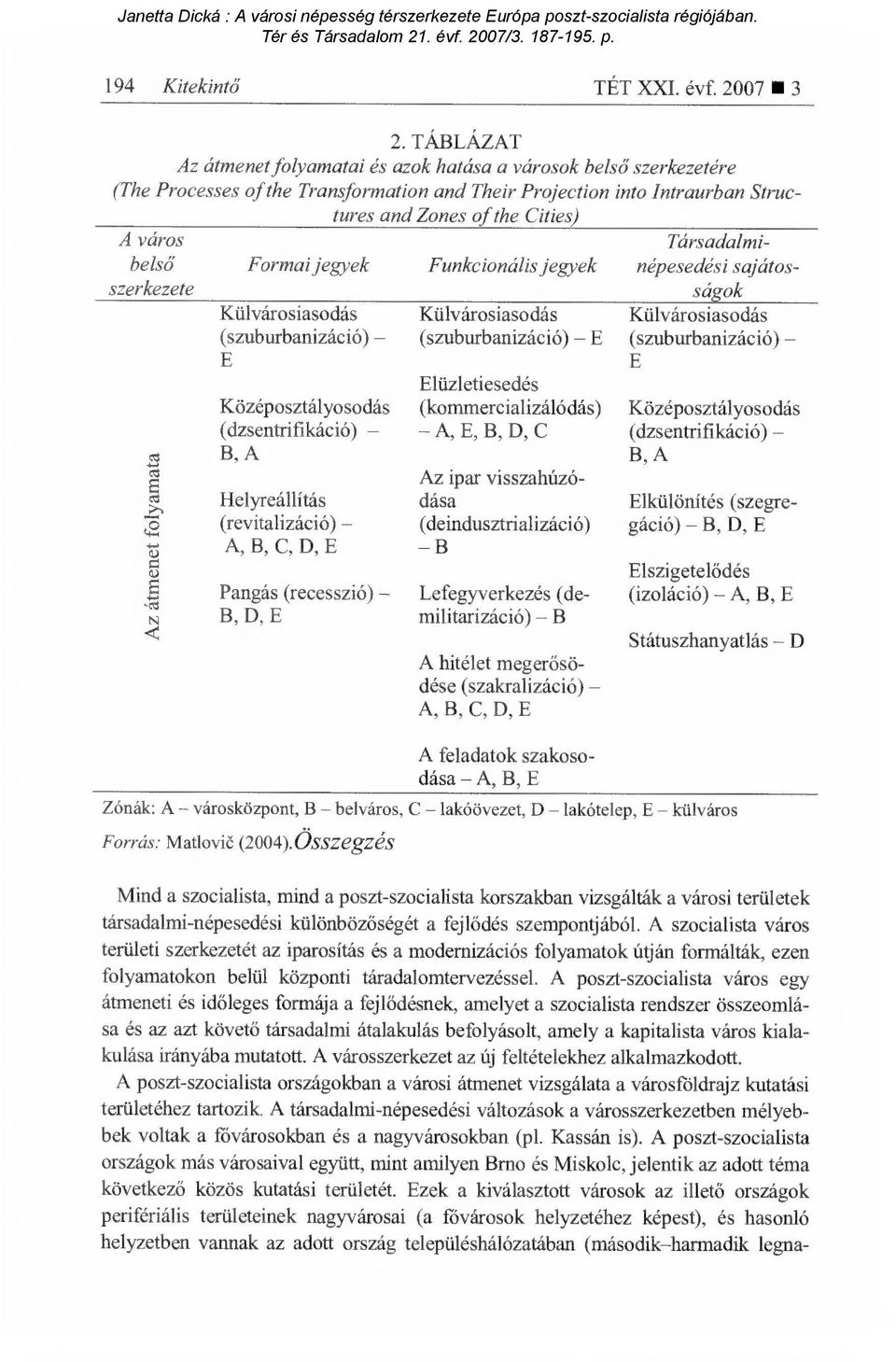 Társadalmi- belső Formai jegyek Funkcionális jegyek népesedési sajátosszerkezete Az átmenet folyamata Külvárosiasodás (szuburbanizáció) E Középosztály sodás (dzsentrifikáció) B, A Helyreállítás