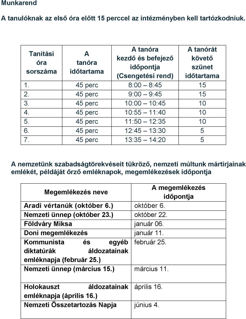 45 perc 10:55 11:40 10 5. 45 perc 11:50 12:35 10 6. 45 perc 12:45 13:30 5 7.