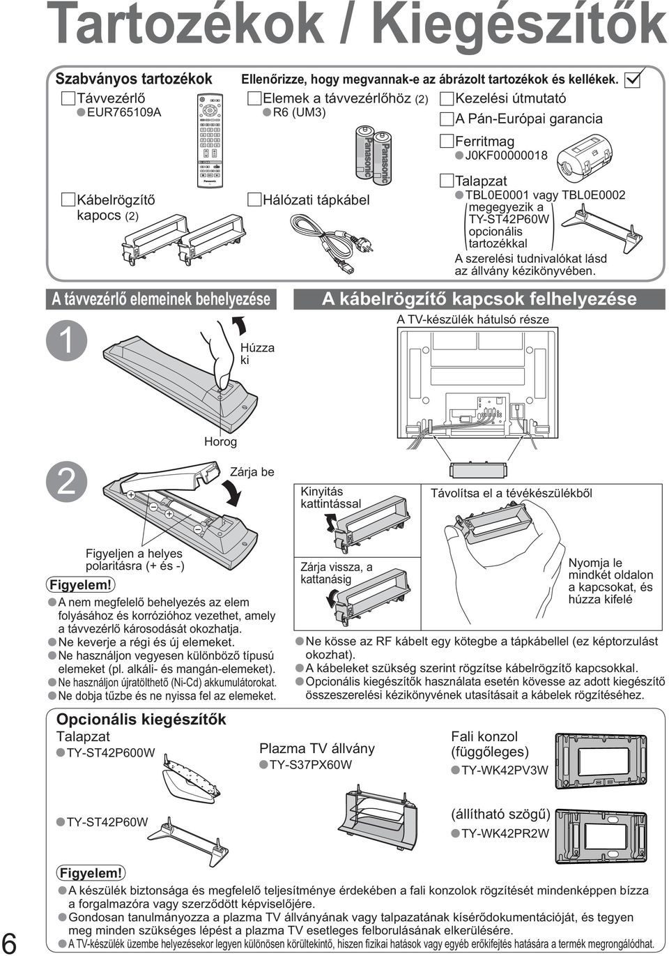 Elemek a távvezérl höz () Kezelési útmutató 6 (UM3) A PánEurópai garancia Ferritmag J0KF0000008 Talapzat Hálózati tápkábel TB0E000 vagy TB0E000 ( megegyezik a ) TYST4P60W opcionális tartozékkal A
