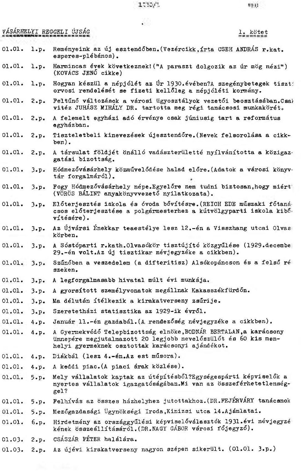 p. Feltűnő változások a városi ügyosztályok vezetői beosztásában.csat vitéz JUHÁSZ MIHÁLY DR. tartotta meg régi tanácsosi munkakörét 0 01.01. 2.p. A felemelt egyházi adó érvénye csak júniusig tart a református egyházban.