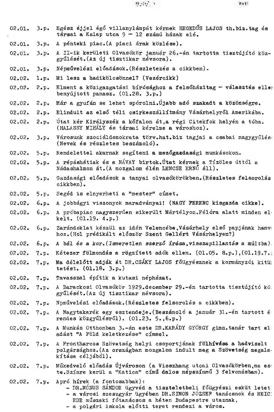 (01.28. 3.p.) 02.02. 2.p. Már a gyufán se lehet spórolni.újabb adó szakadt a közönségre. 02.02. 2.p. Elindult az első téli csirkeszállítmány Vásárhelyről Amerikába. 02.02. 2,p.