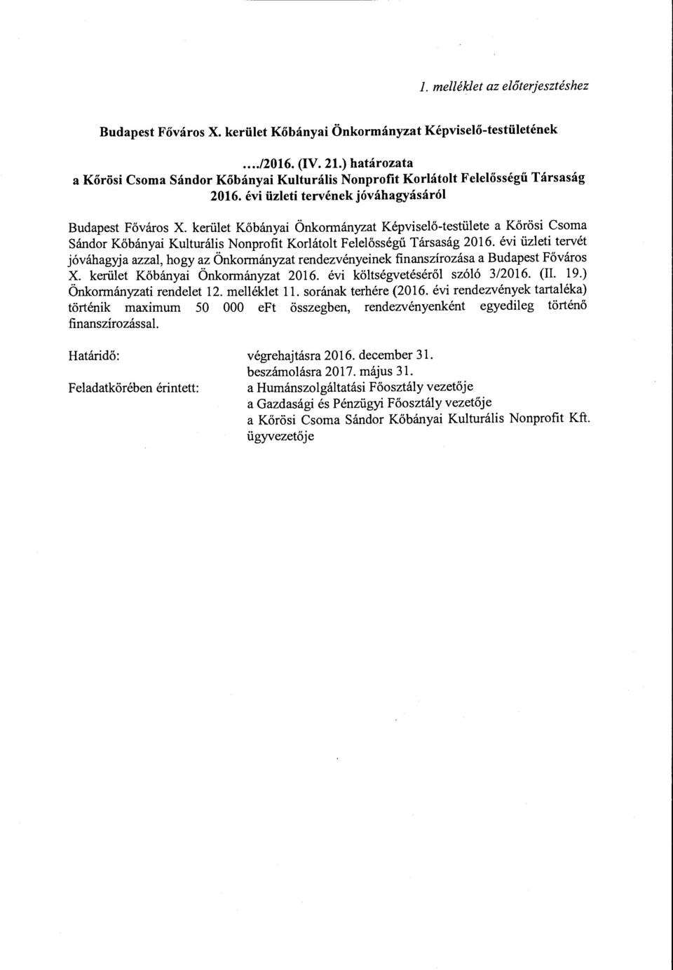 kerület Kőbányai Önknnányzat Képviselő-testülete a Kőrösi Csma Sándr Kőbányai Kulturális Nnprfit Krlátlt Felelősségű Társaság 2016.