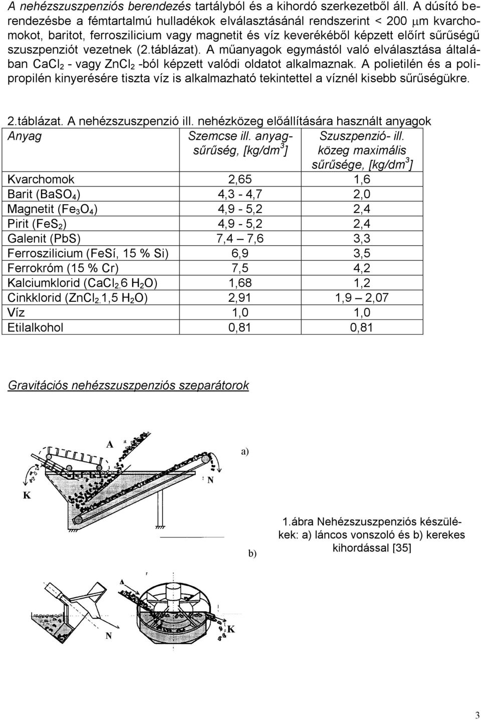 (2.táblázat). A műanyagok egymástól való elválasztása általában CaCl 2 - vagy ZnCl 2 -ból képzett valódi oldatot alkalmaznak.