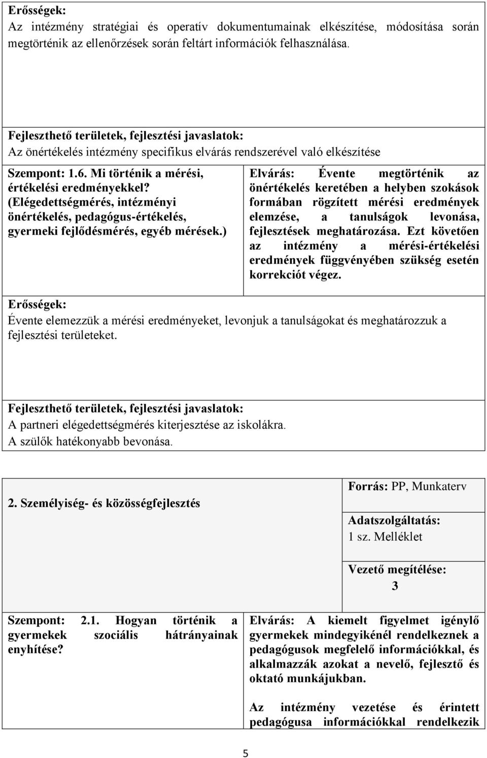 (Elégedettségmérés, intézményi önértékelés, pedagógus-értékelés, gyermeki fejlődésmérés, egyéb mérések.