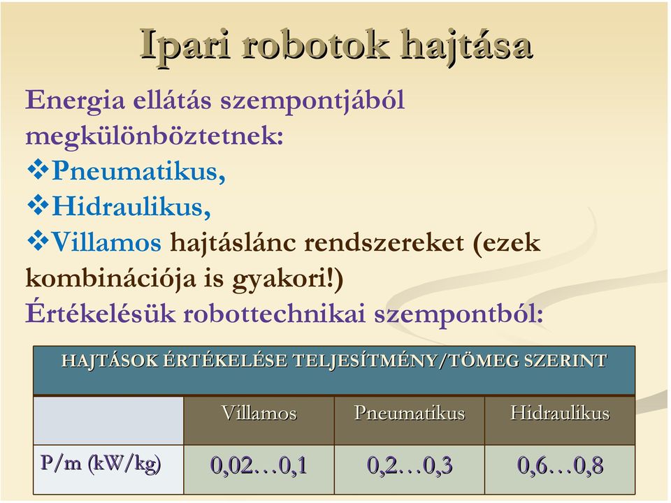 ) Értékelésük robottechnikai szempontból: HAJTÁSOK ÉRTÉKELÉSE TELJESÍTM