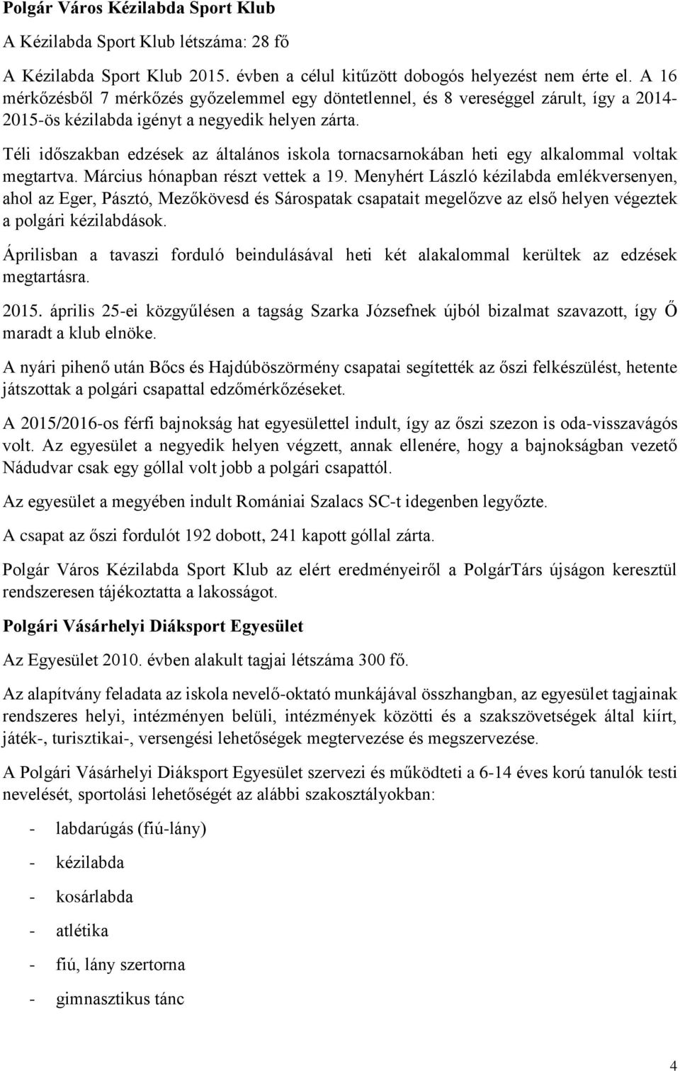 Téli időszakban edzések az általános iskola tornacsarnokában heti egy alkalommal voltak megtartva. Március hónapban részt vettek a 19.