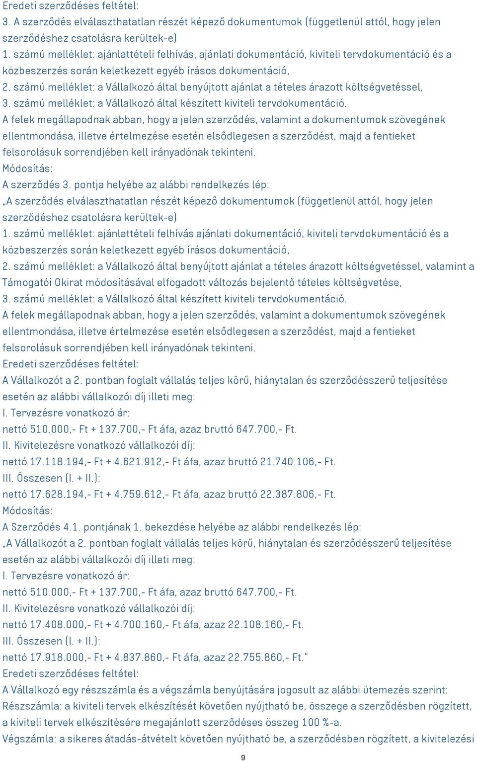 számú melléklet: a Vállalkozó által benyújtott ajánlat a tételes árazott költségvetéssel, 3. számú melléklet: a Vállalkozó által készített kiviteli tervdokumentáció.