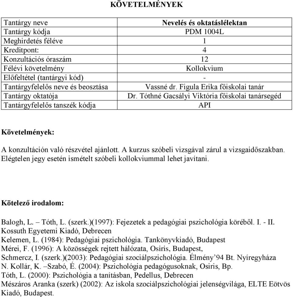 Balogh, L. Tóth, L. (szerk.)(1997): Fejezetek a pedagógiai pszichológia köréből. I. - II. Kossuth Egyetemi Kiadó, Debrecen Kelemen, L. (1984): Pedagógiai pszichológia.