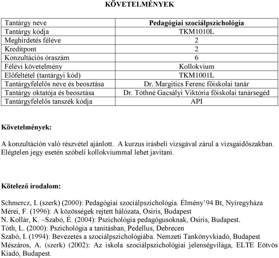Elégtelen jegy esetén szóbeli kollokviummal lehet javítani. Schmercz, I. (szerk) (2000): Pedagógiai szociálpszichológia. Élmény 94 Bt, Nyíregyháza Mérei, F.