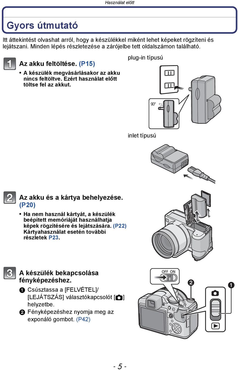 Ezért használat előtt töltse fel az akkut. plug-in típusú 90 inlet típusú Az akku és a kártya behelyezése.