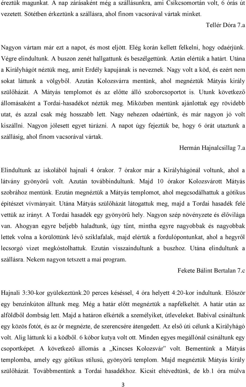 Utána a Királyhágót néztük meg, amit Erdély kapujának is neveznek. Nagy volt a köd, és ezért nem sokat láttunk a völgyből. Azután Kolozsvárra mentünk, ahol megnéztük Mátyás király szülőházát.