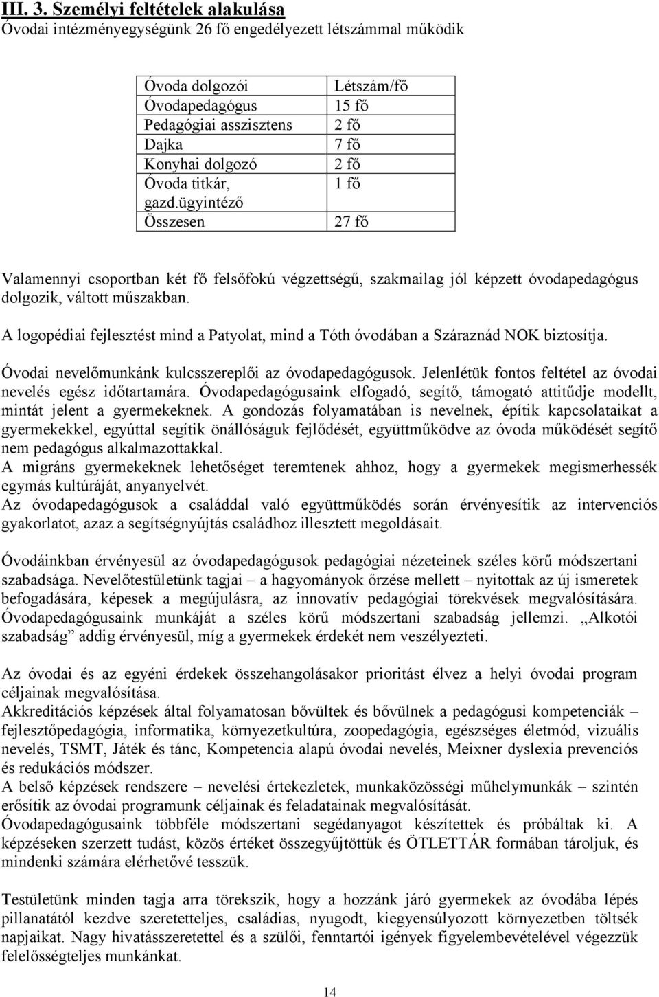 A logopédiai fejlesztést mind a Patyolat, mind a Tóth óvodában a Száraznád NOK biztosítja. Óvodai nevelőmunkánk kulcsszereplői az óvodapedagógusok.