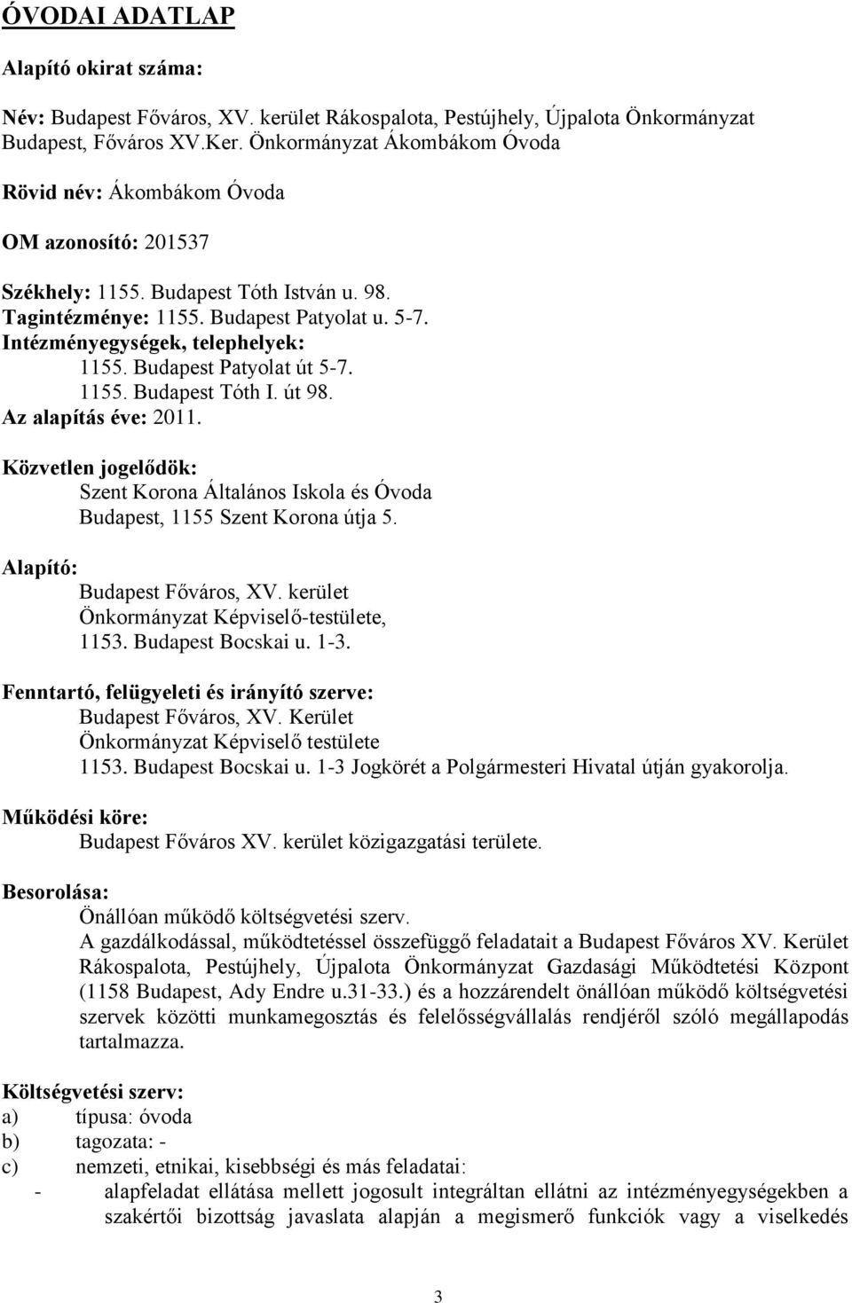 Intézményegységek, telephelyek: 1155. Budapest Patyolat út 5-7. 1155. Budapest Tóth I. út 98. Az alapítás éve: 2011.
