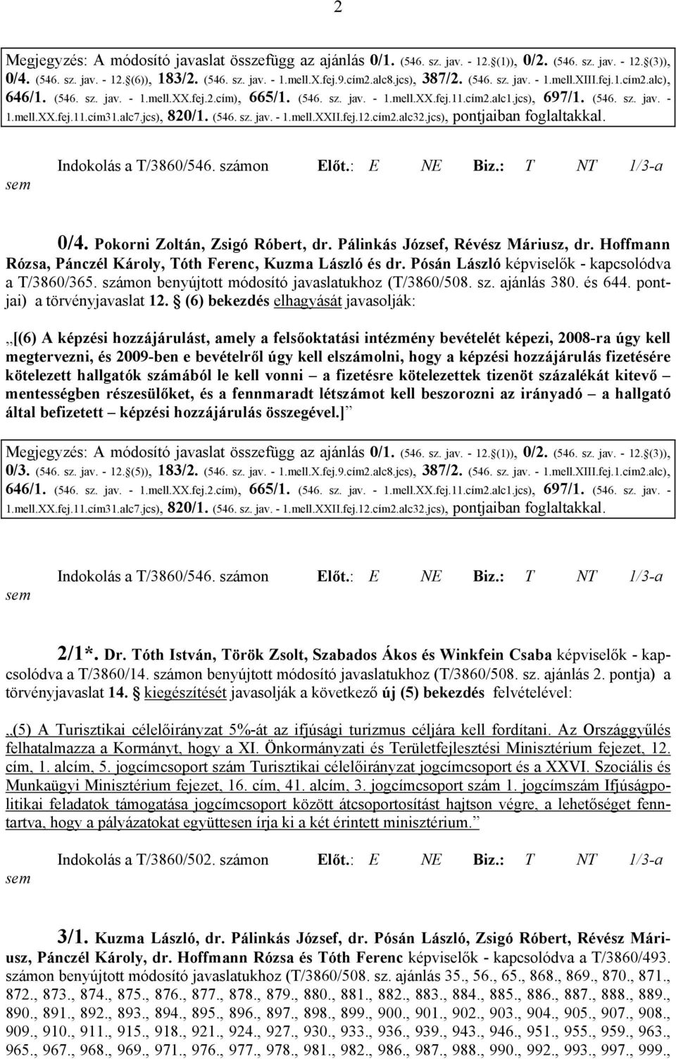 alc7.jcs), 820/1. (546. sz. jav. - 1.mell.XXII.fej.12.cím2.alc32.jcs), pontjaiban foglaltakkal. Indokolás a T/3860/546. számon Előt.: E NE Biz.: T NT 1/3-a 0/4. Pokorni Zoltán, Zsigó Róbert, dr.