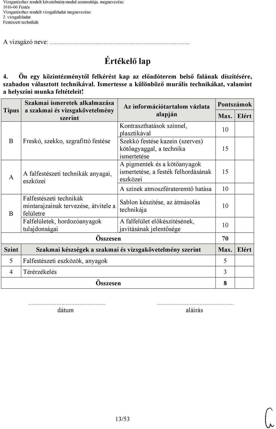 Típus B A B Szakmai ismeretek alkalmazása a szakmai és vizsgakövetelmény szerint Freskó, szekko, szgrafittó festése A falfestészeti technikák anyagai, eszközei Falfestészeti technikák mintarajzainak