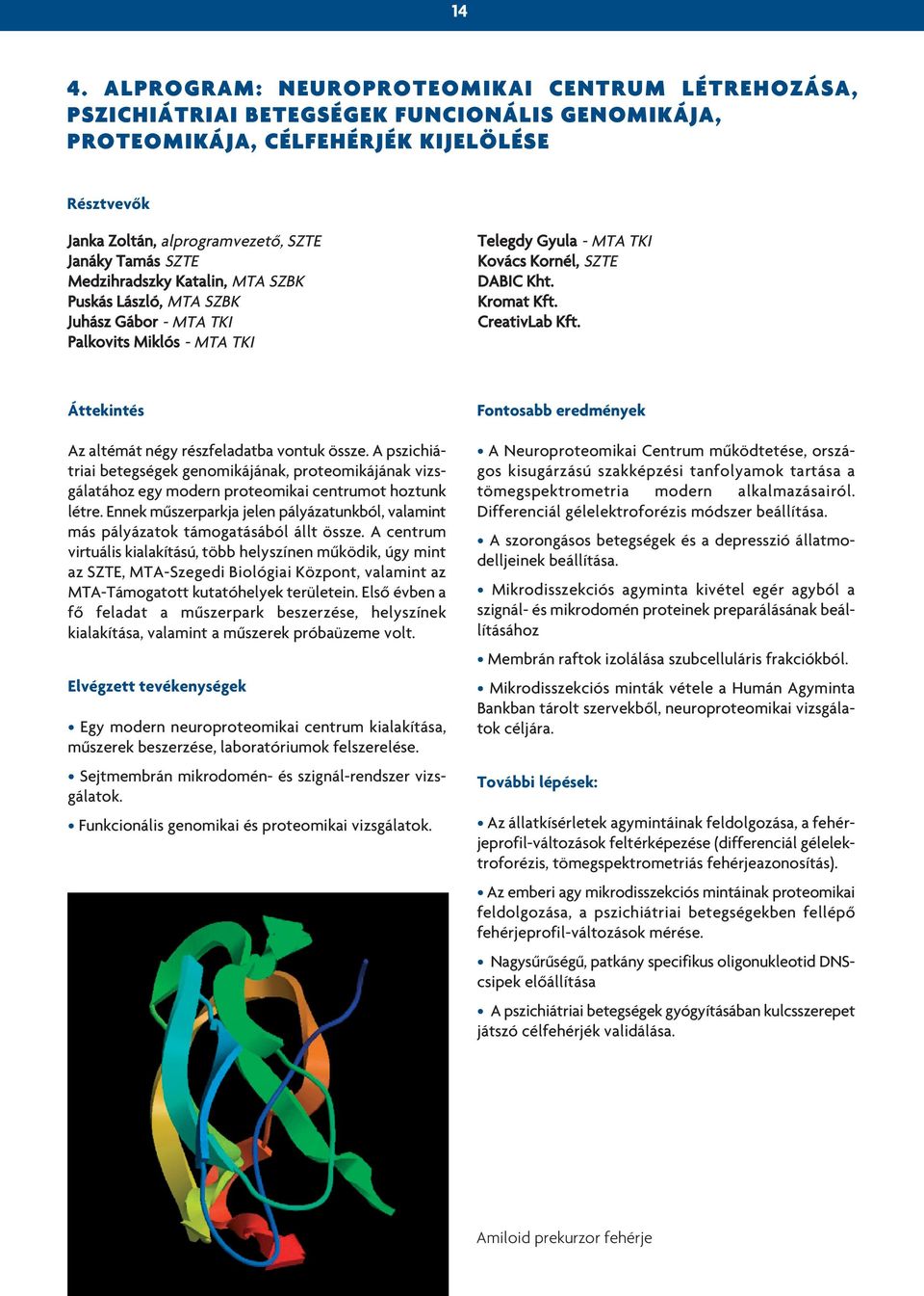 Áttekintés Az altémát négy részfeladatba vontuk össze. A pszichiátriai betegségek genomikájának, proteomikájának vizsgálatához egy modern proteomikai centrumot hoztunk létre.