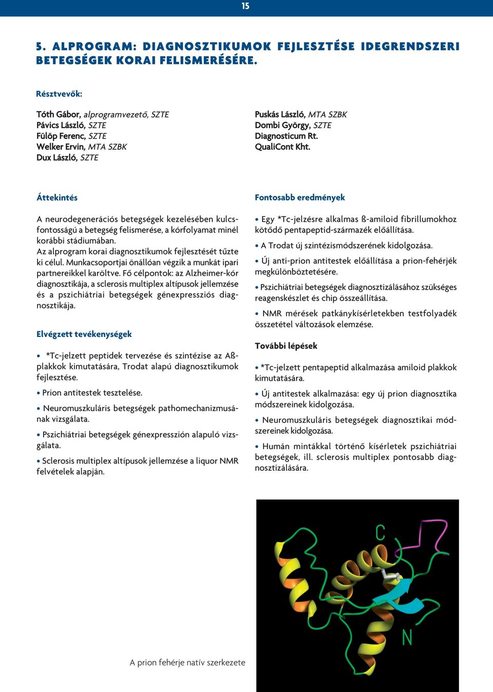 Áttekintés A neurodegenerációs betegségek kezelésében kulcsfontosságú a betegség felismerése, a kórfolyamat minél korábbi stádiumában. Az alprogram korai diagnosztikumok fejlesztését tûzte ki célul.