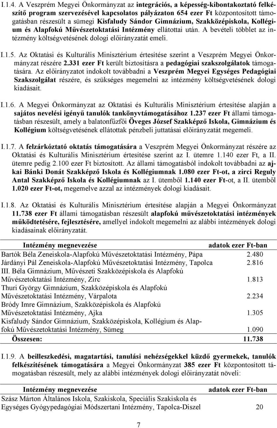 Sándor Gimnázium, Szakközépiskola, Kollégium és Alapfokú Művészetoktatási Intézmény ellátottai után. A bevételi többlet az intézmény költségvetésének dologi előirányzatát emeli. I.1.5.