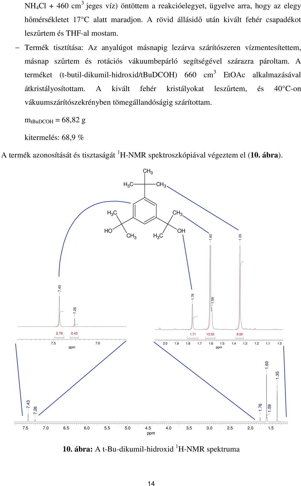 A terméket (t-butil-dikumil-hidroxid/tbudcoh) 660 cm 3 EtOAc alkalmazásával átkristályosítottam.