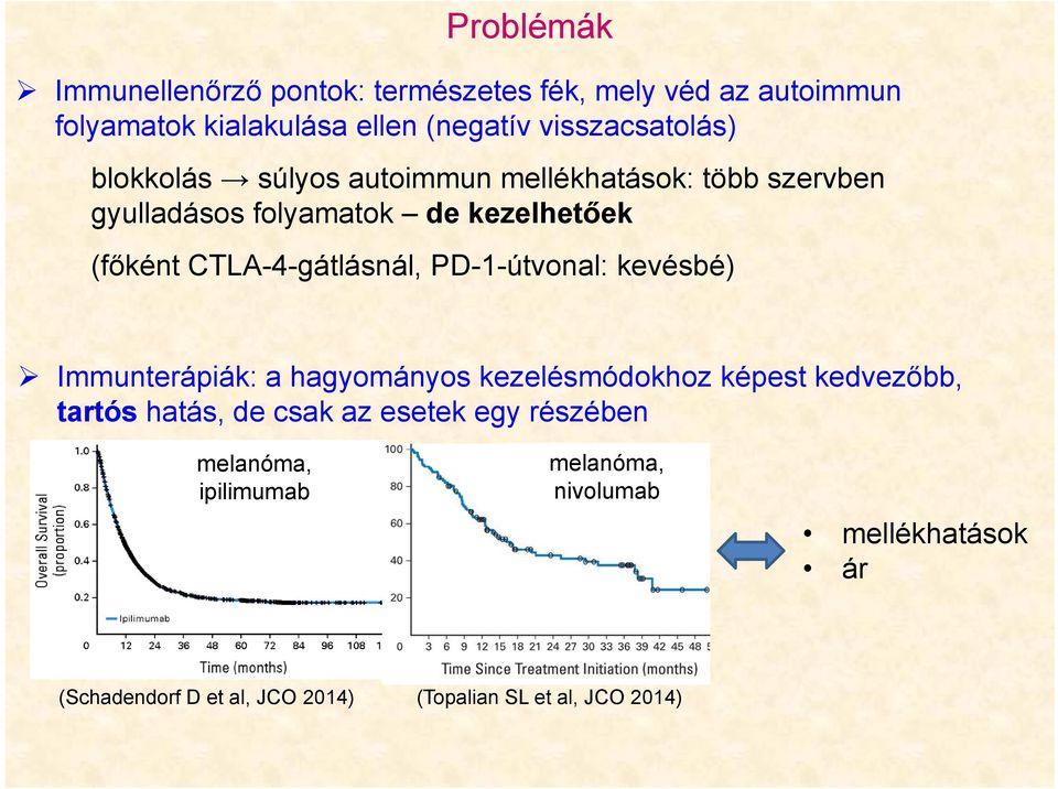 CTLA-4-gátlásnál, PD-1-útvonal: kevésbé) Immunterápiák: a hagyományos kezelésmódokhoz képest kedvezőbb, tartós hatás, de