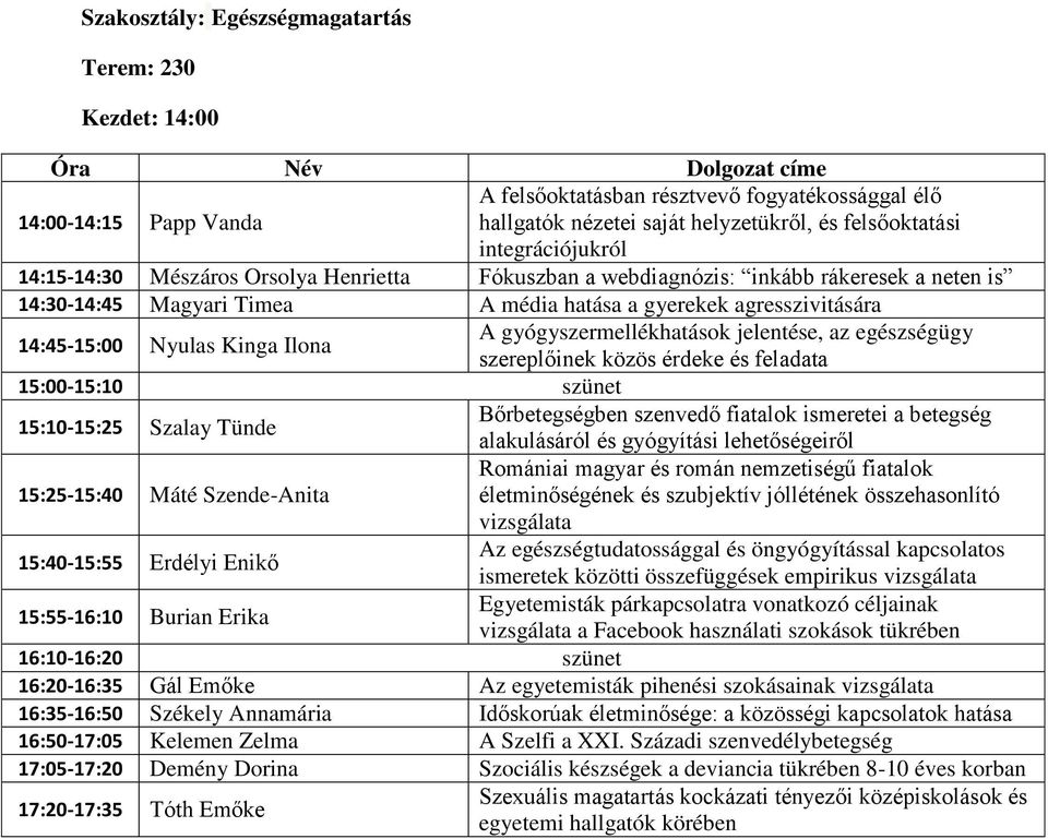 gyógyszermellékhatások jelentése, az egészségügy szereplőinek közös érdeke és feladata 15:10-15:25 Szalay Tünde Bőrbetegségben szenvedő fiatalok ismeretei a betegség alakulásáról és gyógyítási