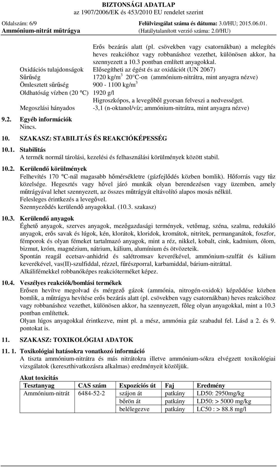 Oxidációs tulajdonságok Elősegítheti az égést és az oxidációt (UN 2067) Sűrűség 1720 kg/m 3 20 C-on (ammónium-nitrátra, mint anyagra nézve) Ömlesztett sűrűség 900-1100 kg/m 3 Oldhatóság vízben (20 C)