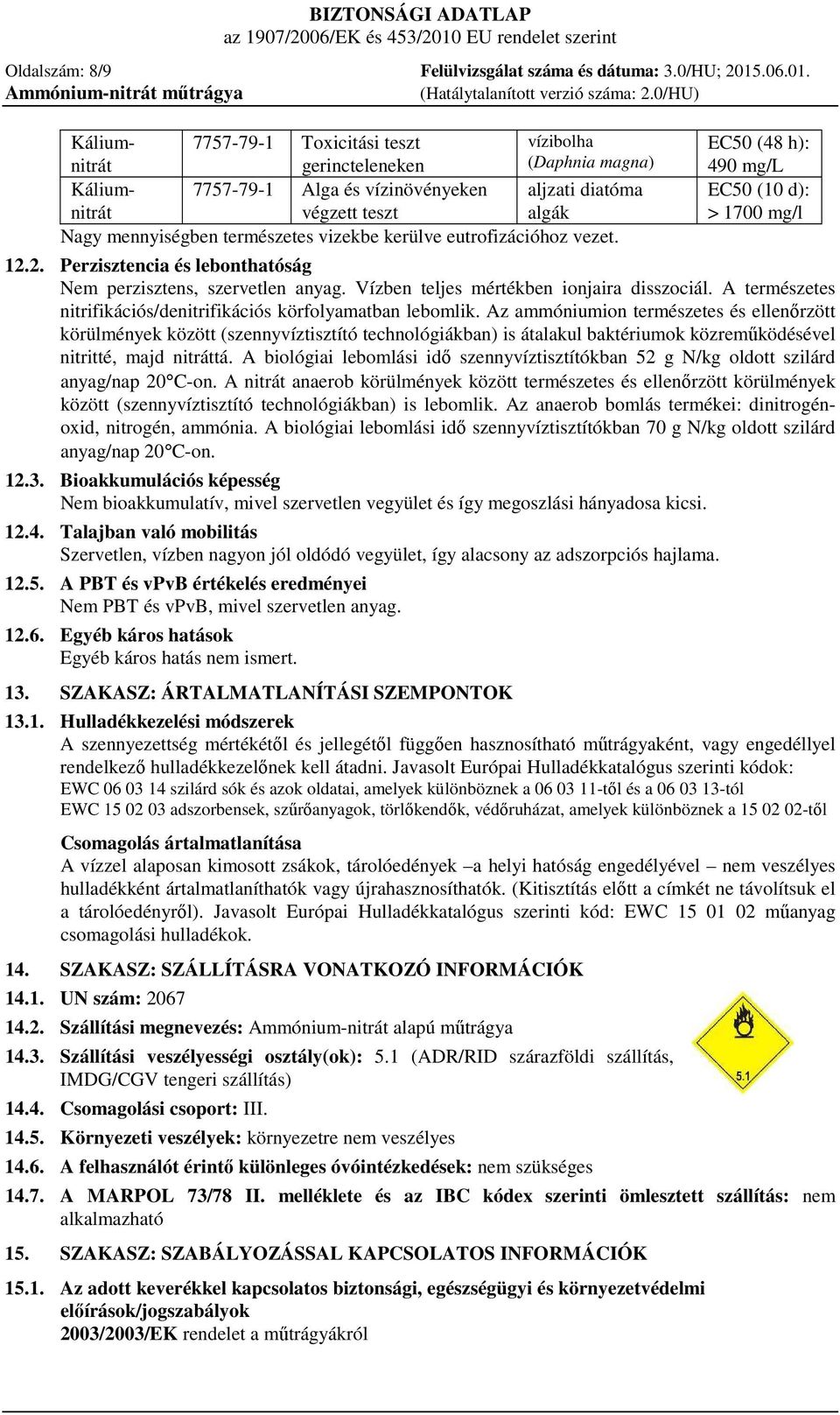 Káliumnitrát gerincteleneken (Daphnia magna) 7757-79-1 Toxicitási teszt vízibolha Káliumnitrát 7757-79-1 Alga és vízinövényeken aljzati diatóma végzett teszt algák Nagy mennyiségben természetes