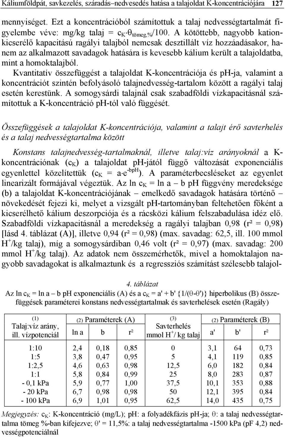 A kötöttebb, nagyobb kationkicserélő kapacitású ragályi talajból nemcsak desztillált víz hozzáadásakor, hanem az alkalmazott savadagok hatására is kevesebb kálium került a talajoldatba, mint a