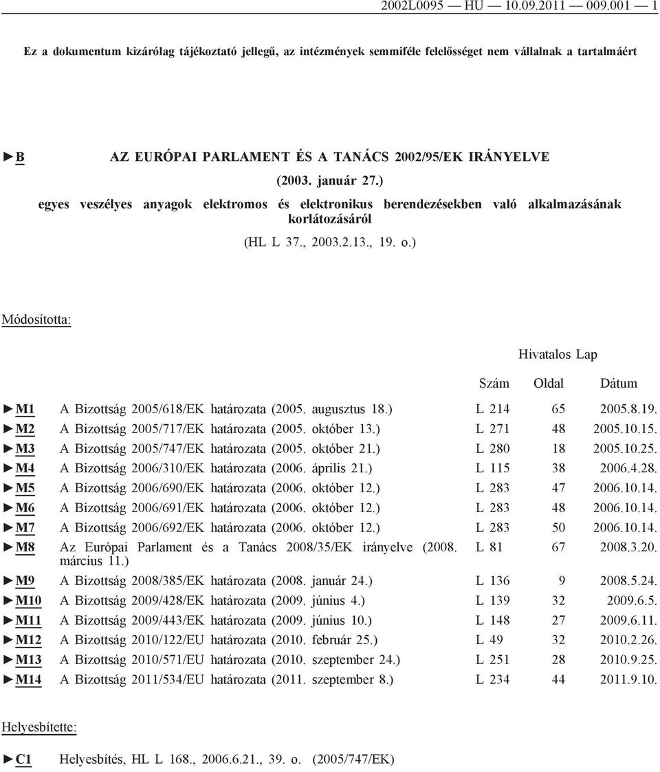 ) egyes veszélyes anyagok elektromos és elektronikus berendezésekben való alkalmazásának korlátozásáról (HL L 37., 2003.2.13., 19. o.