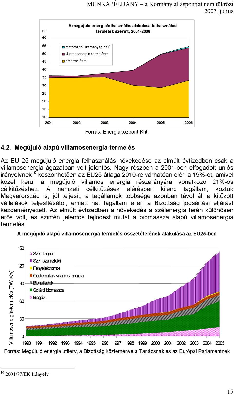 Nagy részben a 2001-ben elfogadott uniós irányelvnek 10 köszönhetően az EU25 átlaga 2010-re várhatóan eléri a 19%-ot, amivel közel kerül a megújuló villamos energia részarányára vonatkozó 21%-os