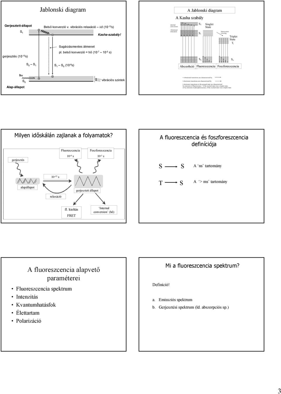 Fluoreszcencia Foszforeszcencia 1-9 s 1-3 s gerjesztés A fluoreszcencia és foszforeszcencia definíciója S S A ns tartomány alapállapot 1-15 s gerjesztett állapot T S A > ms tartomány relaxáció fl.