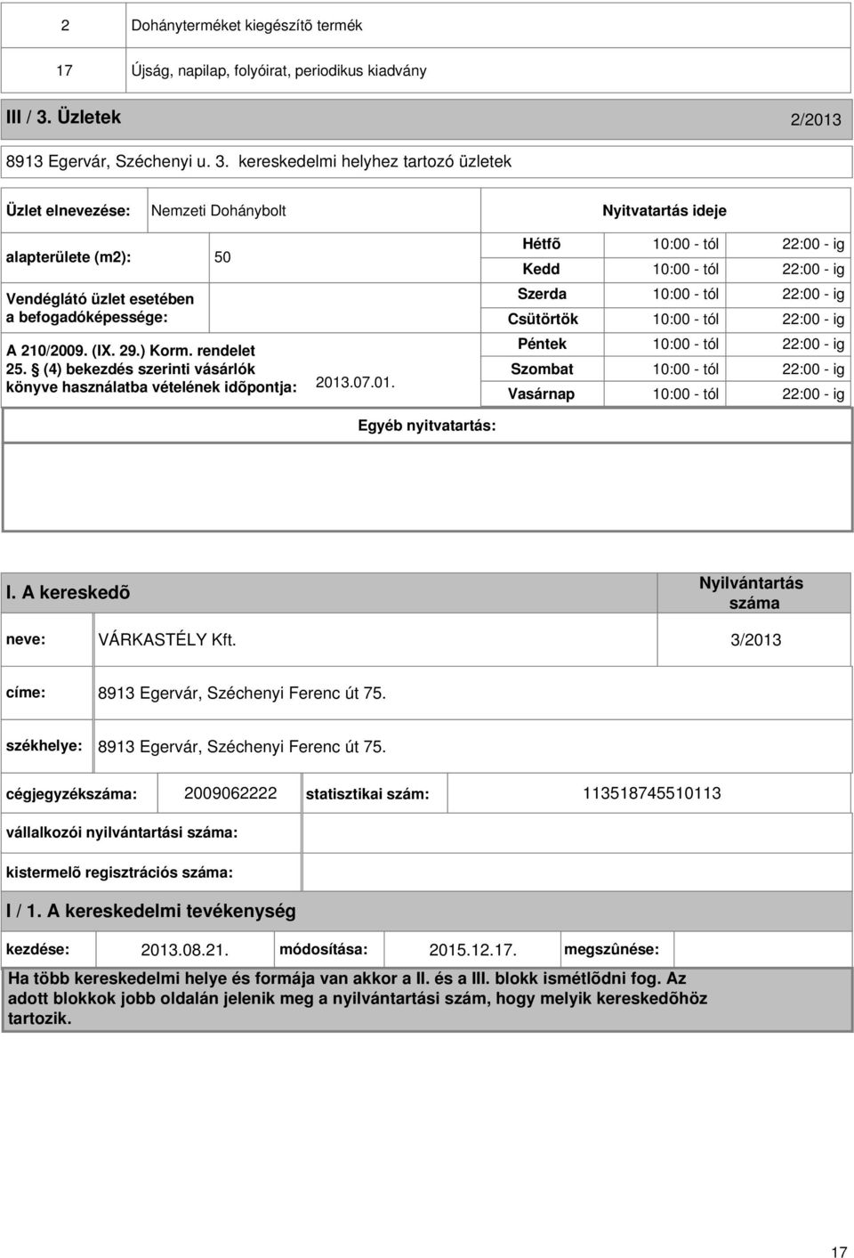 kereskedelmi helyhez tartozó üzletek Üzlet elnevezése: zeti Dohánybolt Nyitvatartás ideje alapterülete (m2): 50 Vendéglátó üzlet esetében a befogadóképessége: A 210/2009. (I. 29.) Korm. rendelet 25.