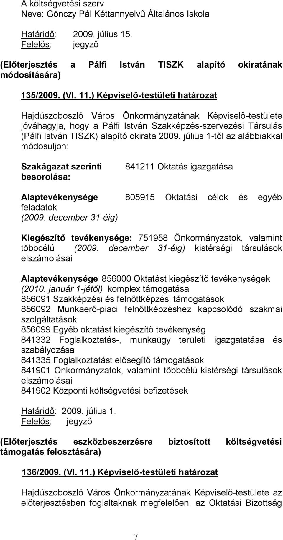 július 1-től az alábbiakkal módosuljon: Szakágazat szerinti besorolása: 841211 Oktatás igazgatása Alaptevékenysége 805915 Oktatási célok és egyéb feladatok (2009.