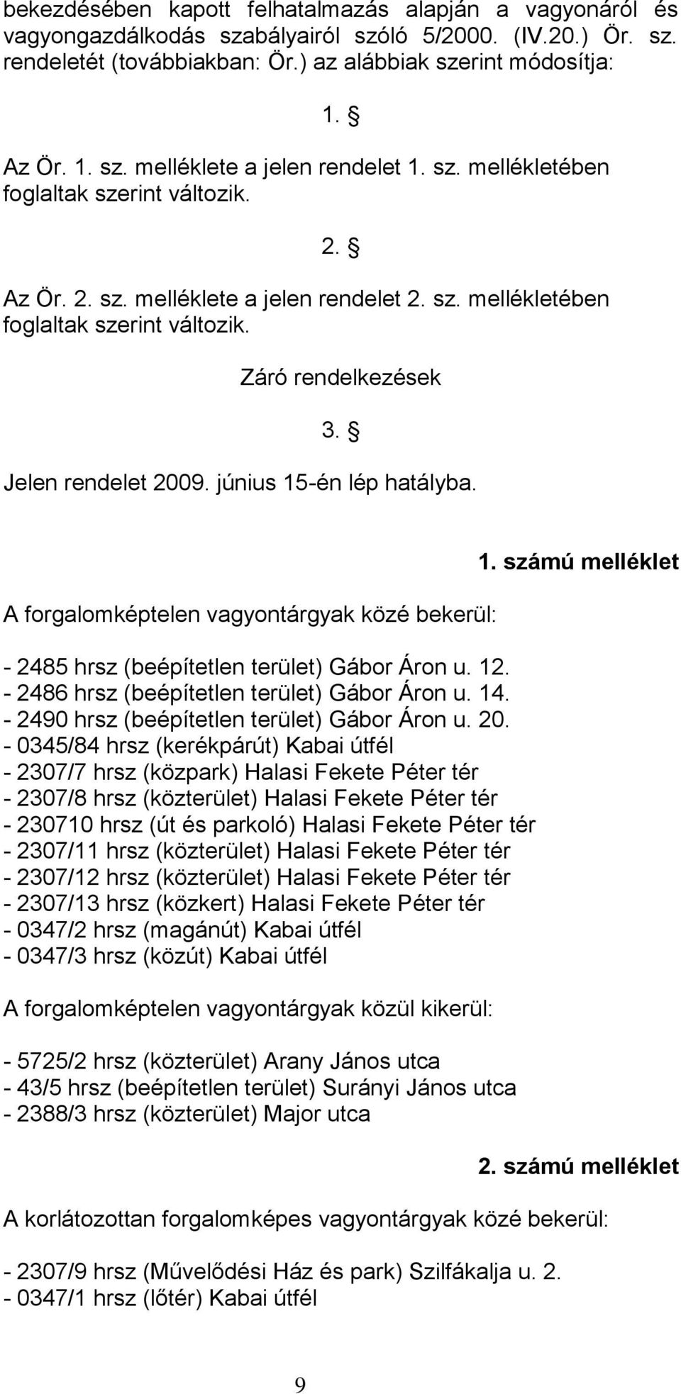 június 15-én lép hatályba. A forgalomképtelen vagyontárgyak közé bekerül: - 2485 hrsz (beépítetlen terület) Gábor Áron u. 12. - 2486 hrsz (beépítetlen terület) Gábor Áron u. 14.