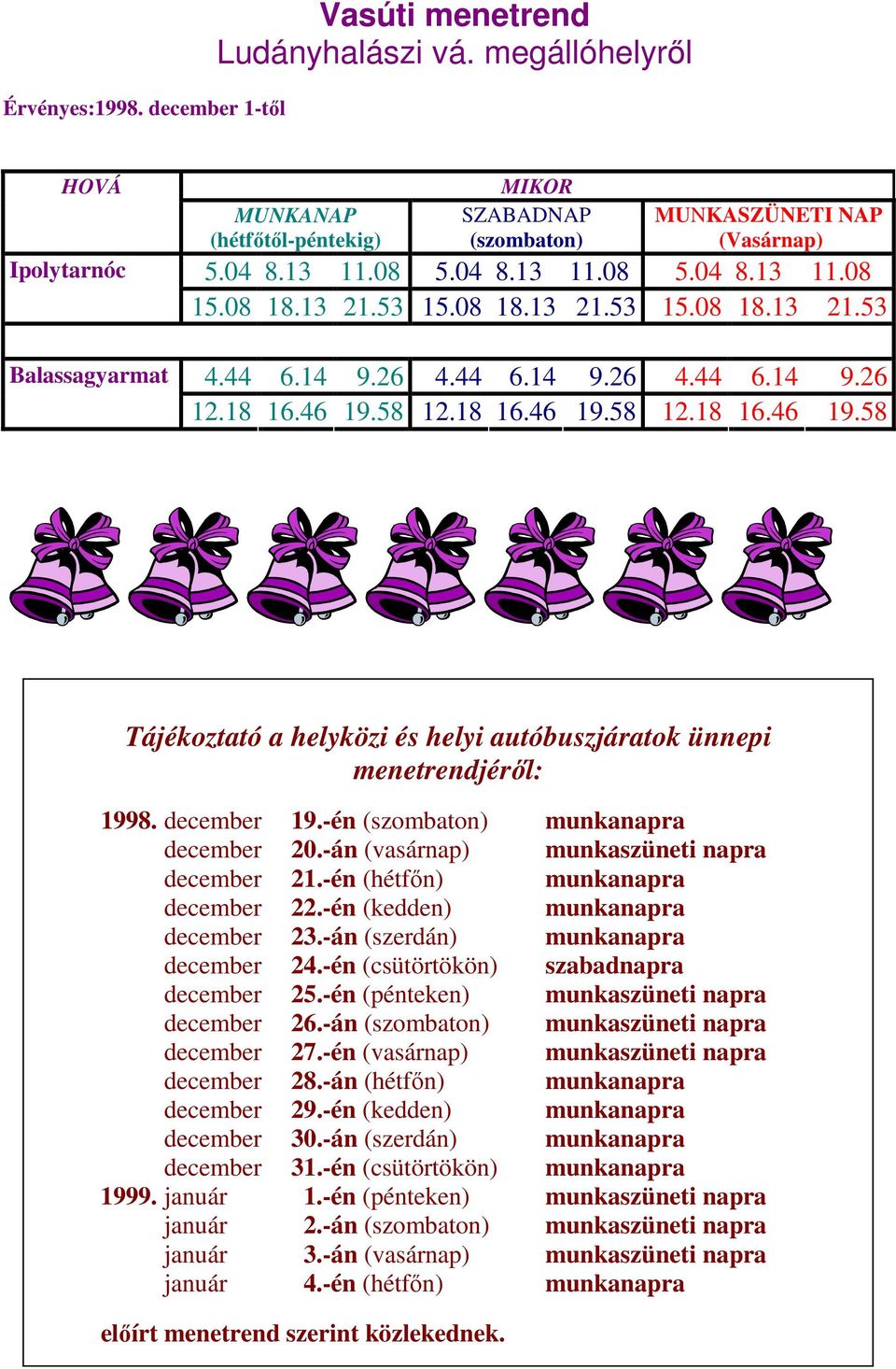 58 12.18 16.46 19.58 12.18 16.46 19.58 Tájékoztató a helyközi és helyi autóbuszjáratok ünnepi menetrendjéről: 1998. december 19.-én (szombaton) munkanapra december 20.