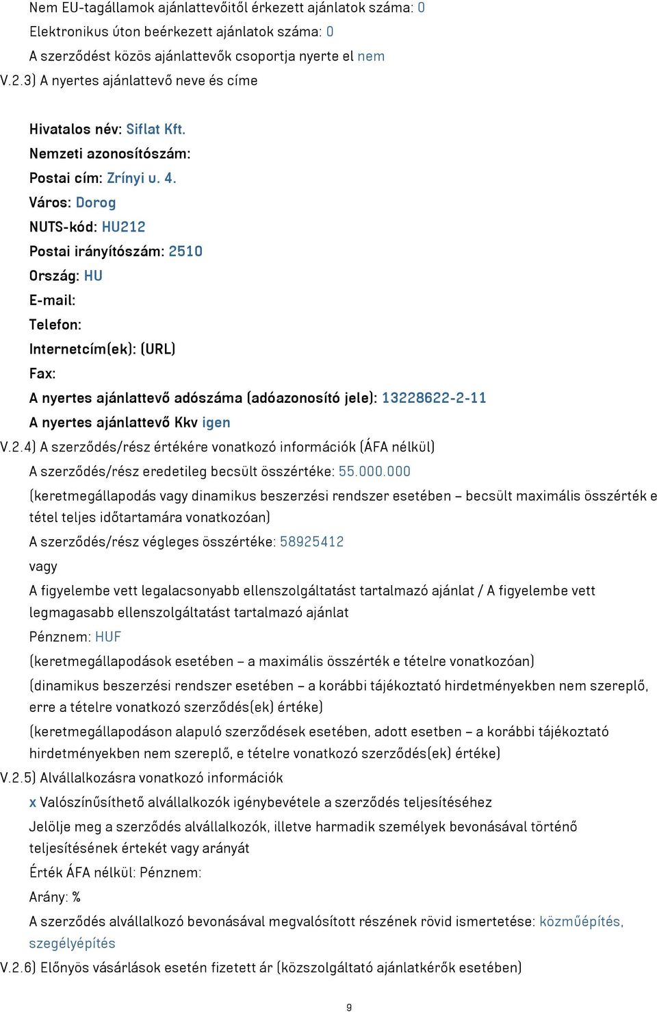 Város: Dorog NUTS-kód: HU212 Postai irányítószám: 2510 Ország: HU E-mail: Telefon: Internetcím(ek): (URL) Fax: A nyertes ajánlattevő adószáma (adóazonosító jele): 13228622-2-11 A nyertes ajánlattevő